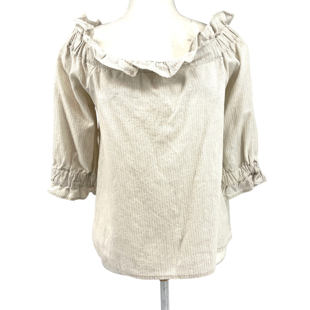 ELLISON Off Shoulder Ruffle Blouse Cream Linen Cotton 3/4 Sleeve Top L